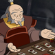 The animated Uncle Iroh sits at a low table playing a tile game and drinking tea while wearing his armor.